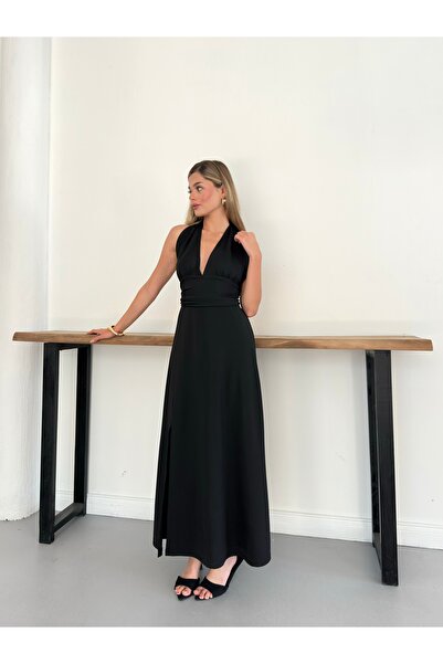 LE CARAMBOLE Women's Black Halter Neck Slit Summer Dress