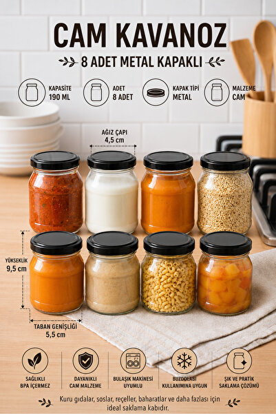 Tanemce 8 Pieces 190 ml Glass Jar Set with Metal Lids |   Jam, Sauce, Seasoni...