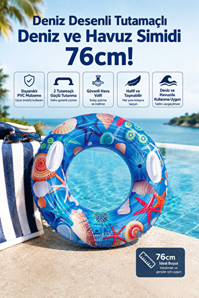 craftivio Deniz Desenli Tutamaçlı Havuz ve Deniz Simidi 76 cm Yetişkin Genç Ş...