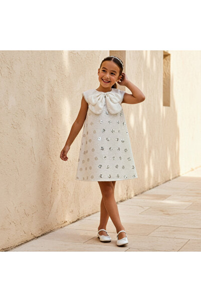 Juniors Round Neck Sleeveless A-line Dress with Bow Collar Sequin Detail