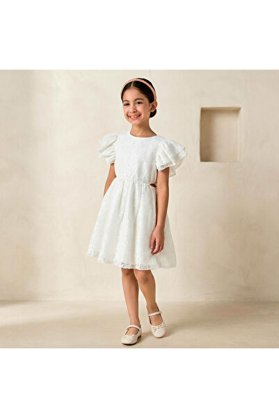 Juniors Round Neck Short Sleeves A-line Dress with Sequin Embellishments