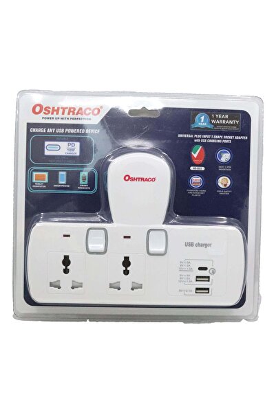 Oshtraco 2way universal T-shape socket & PD18W + 2xUSB-A chargers