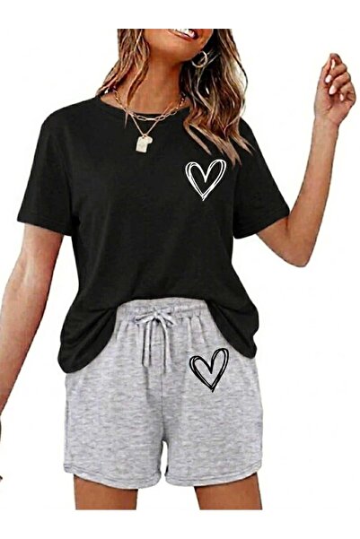 Gutsy T-Shirt Shorts 2-Piece Combination Thin Summer Minimal Heart Printed Wo...