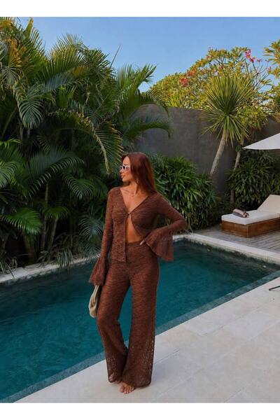 MIZUKI Set de plajă pentru femei, pantaloni kimono cu textură transparentă și...