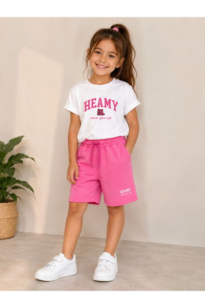 Heamy Kız Çocuk %100 Pamuk Compact Penye Yazlık T-Shirt ve Şortlu Takım