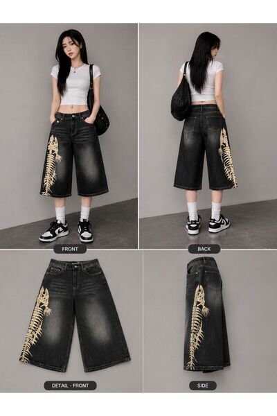 eyonnwear شورت كابري من قماش الدنيم الأسود بنمط عظم السمكة من Grunge Streetwear