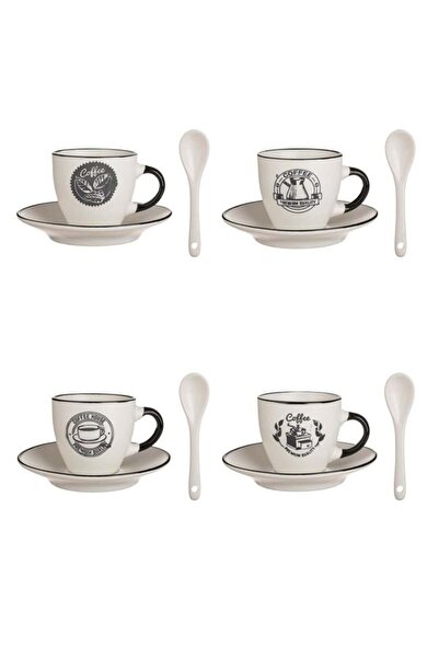 OEM Set 4 Cești Cafea Ceramice 90 ml cu Farfurii și Lingurițe, Model Maro-Alb