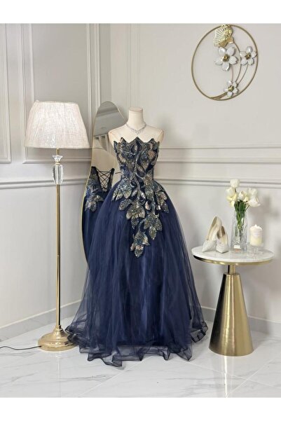 vanus fashion 7292 - فستان كحلي ملكي بتطريز فاخر ولمسة ساحرة
