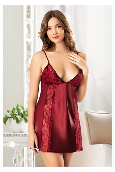 The Avenue Strappy Lace Detailed Burgundy Satin Nightgown