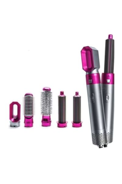 OEM Perie electrica de par 5 in 1 Lotfi, cu turmalina ceramica, ionizare negativa, 3 setari de temperatura cu aer cald si rece, potrivit pentru orice lungime si tip de par, 1000W, culoare negru si roz