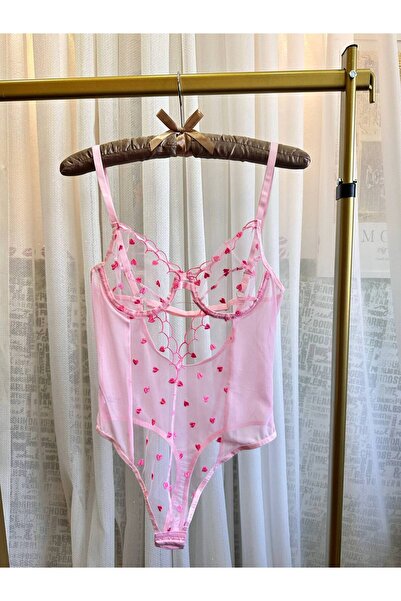 BLUEAVCI Kalp İşlemeli Transparan Tül Babydoll – Pembe Bodysuit