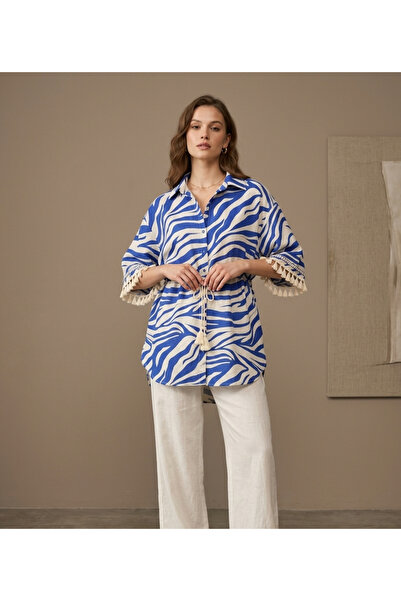 EsSo butik Women's Blue Zebra Patterned Oversized Linen Shirt with Tassel Detail