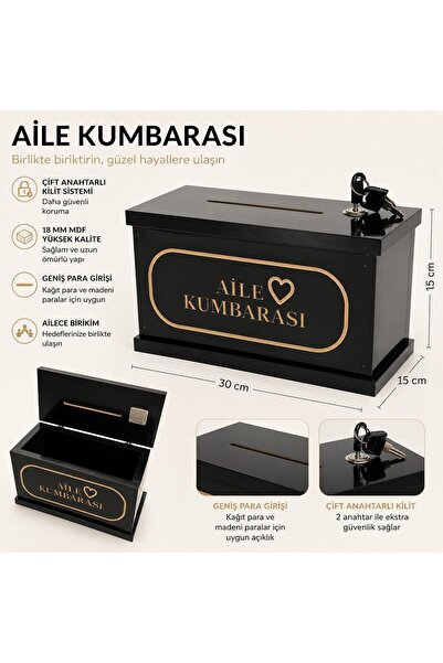 BOZKURT CNC AİLE KUMBARASI %100 MDF 2 ANAHTARLI KİLİTLİ 30X15X15CM