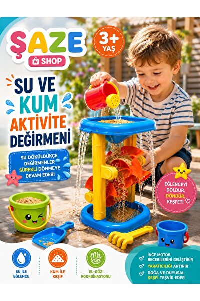 SAZE 3+ Yaş Duyusal Oyun Seti – Dönen Değirmenli Su ve Kum Masası, Kürek ve S...