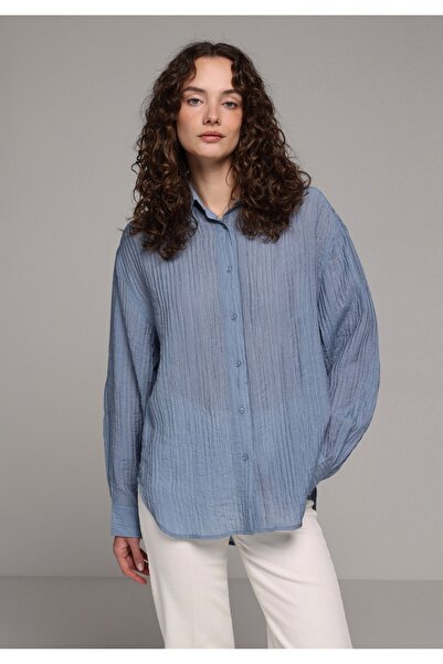 Colin's Oversize Fit Shirt Neck Düz Kadın Mavi Uzun Kol Gömlek