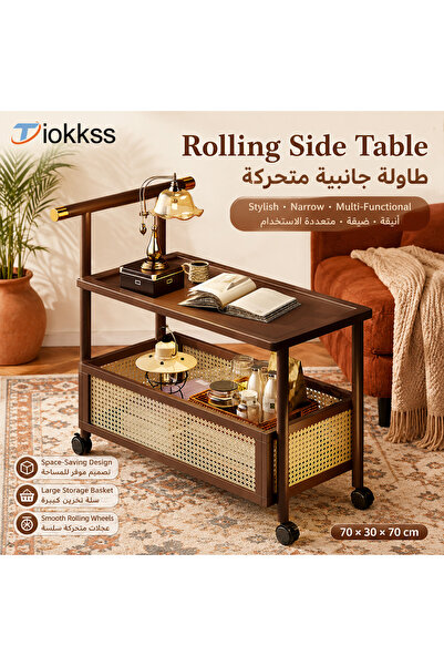Tiokkss 2-Tier Rolling Side Table with Wheels, Narrow Sofa Side Table with Ra...