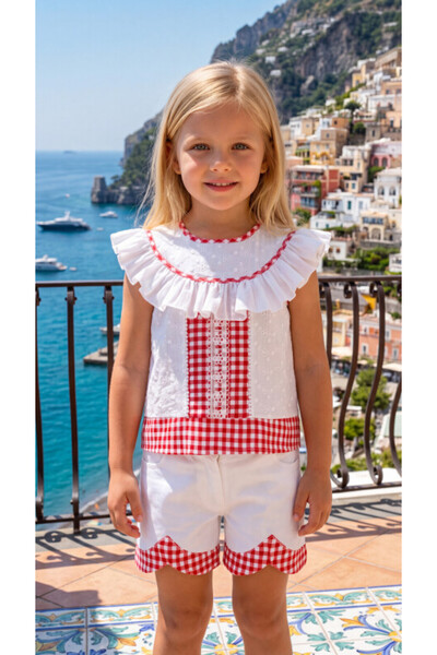 Pamina Girls' Gingham Ruffle Collar Sleeveless Top and Shorts Two-Piece Set -...