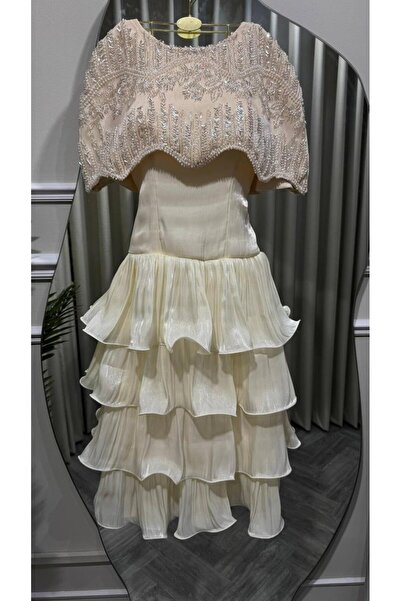 Mar style Pearl Dress with Luxurious Embroidery and Ruffles