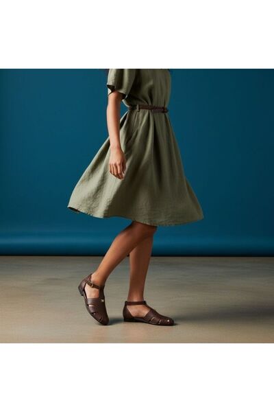 NE&VE SHOES Brown Leather Buckle Women's Round Toe Sandals