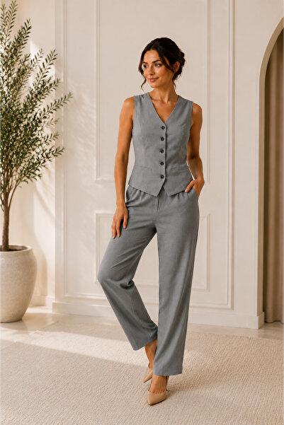 Kokosh moda Women's V-Neck Buttoned Front Vest Blouse and Trousers Linen Two-...