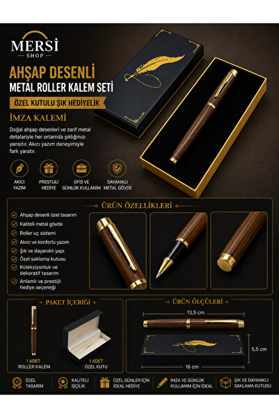 Mersi SHOP Ahşap Desenli Metal Roller Kalem Seti | Özel Kutulu Şık Hediyelik ...