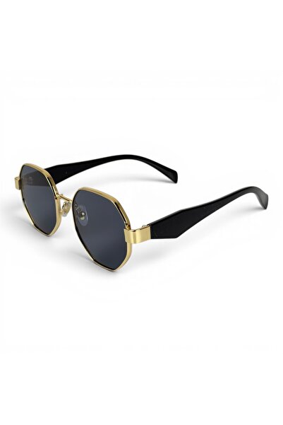 ZERON Siyah Camlı Gold Metal Geometrik Unisex Güneş Gözlüğü UV400 Korumalı