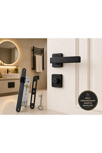 BSM Akbaş Grup Kare Rozetli WC Banyo Kapı Kolu Tam Set Mat Siyah 40 mm Sessiz...