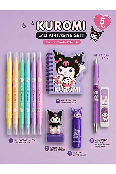 PeriMila Kırtasiye Seti Kuromi 5'li - Defter, Fosforlu Kalem, Uçlu Kalem, Sil...