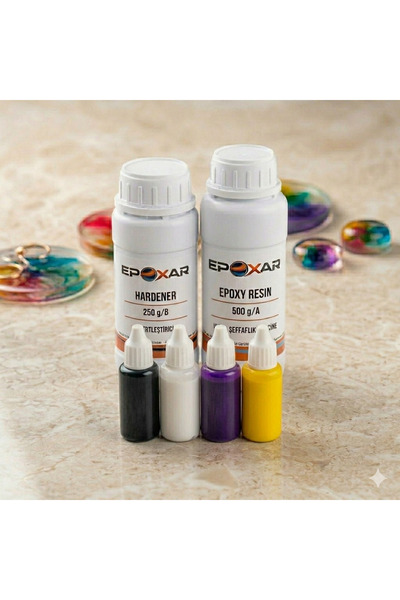 750g Şeffaf Epoksi Reçine Kit + 4'lü Renkli Pigment Boya Avantaj Paketi(beyaz,siyah,menekşe,sarı) 80 ml