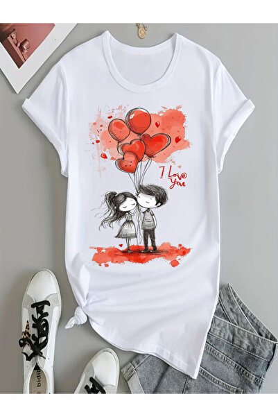 COZYWEAR Cute Couple and Heart Balloons Printed T-Shirt
