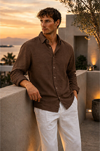 oneoff Breathable Half Oversize Muslin Fabric Long Sleeve Collared Men's Shirt