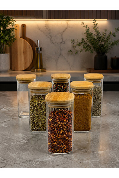 YzHome Set of 6 Glass Square Bamboo Vacuum Lids Spice Jar Set Jars 300ml