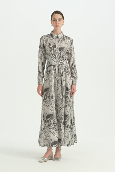 Nihan Stylish Viscose Dress with Belt Buckle Detail - Gray