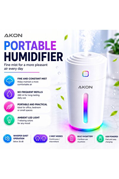 AKON Umidificator de aer portabil cu lumină de noapte, difuzor silențios de a...