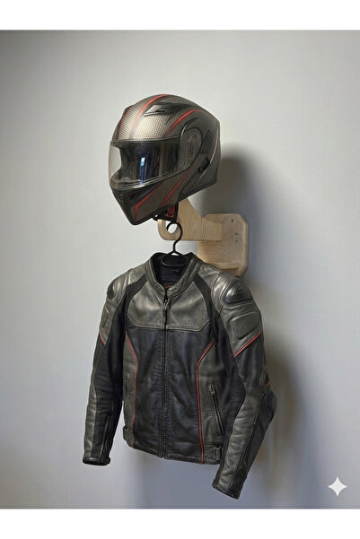 Ahşap Masif Duvar Tipi Motorcu Kask ve Mont Askılığı - Çok Amaçlı Ekipman Düz...