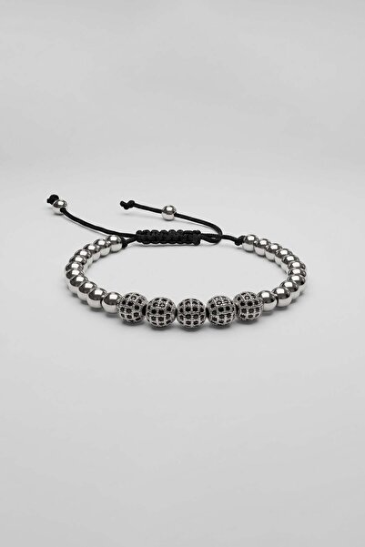 ablukaonline Unisex Stone Detailed Sphere Beaded Steel Bracelet Silver