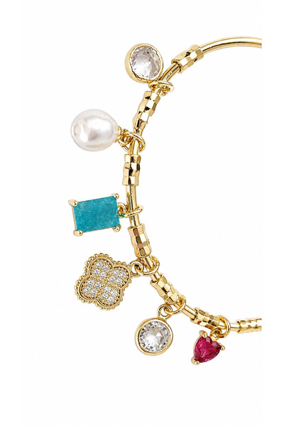 Glow Aksesuaar Gold Charm Bileklik | Zirkon Taşlı, İnci Detaylı, Kalp ve Yonc...
