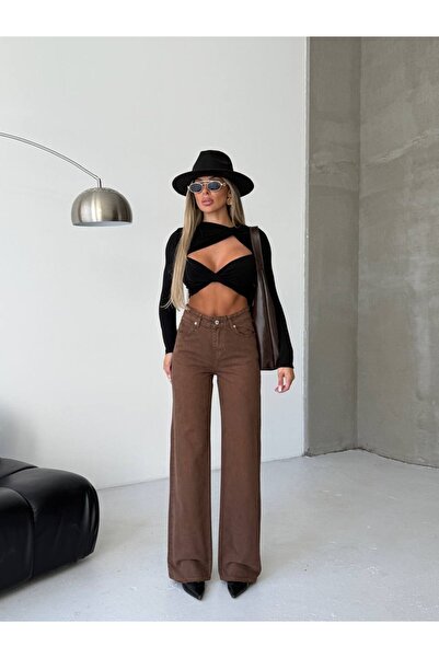 HerTon Women's High Waist Wide Leg Burgundy Denim Pants