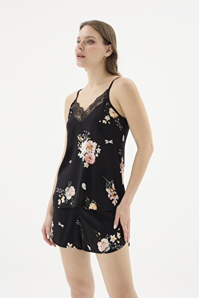 Sevim Women's Thin Strap Shorts Black Pajama Set C0T7N671