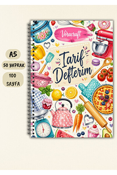 VORACRAFT Yemek Tarif Defteri, 50 Yaprak /100 Sayfa, A5 / Tel Spiral TRF0007