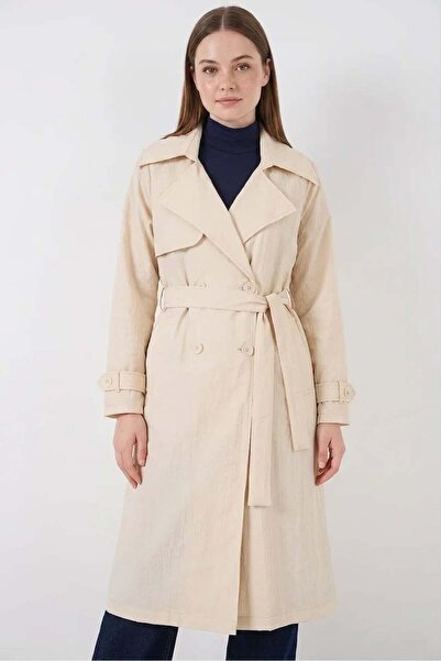 ALFA AKSESUAR 03 Women's Double-Breasted Collar Belted Cream Trench Coat