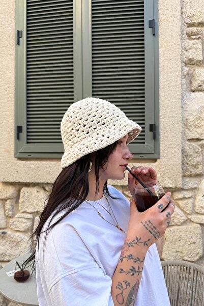 MELUSH Krem Delikli Örgü Kova Şapka - Yazlık Bohem Retro Kadın Bucket Hat