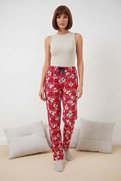 ALFA AKSESUAR 03 Women's Lace-Up Waist Striped Bear Patterned Red Pajama Bottoms