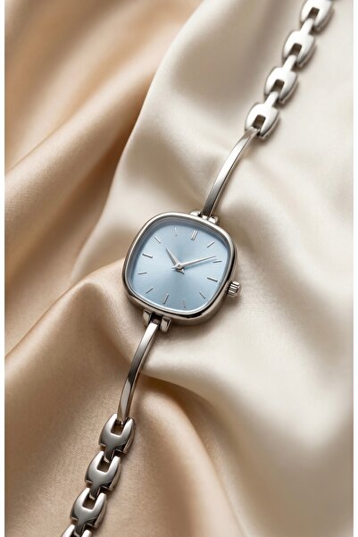 KLISHE Butik Women's Steel Watch Silver Color & Ice Blue Dial Square Case Vin...