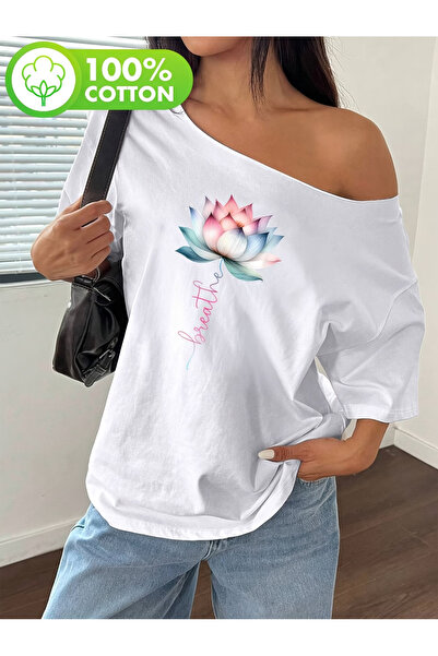OVER HEAD Tricou pentru femei Breather Lotus cu imprimeu, cu gâtul bărcuță, c...