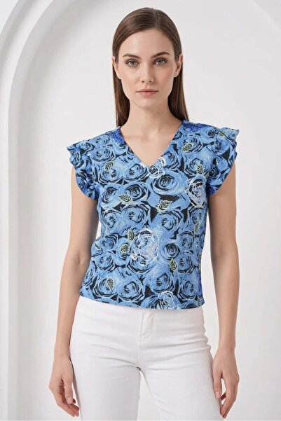 Generic Brand Women's V-Neck Floral Patterned Blue Blouse