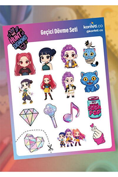 konfeti.co Özel Tasarım K-Pop Demon Hunters Çocuk Geçici Dövme Seti