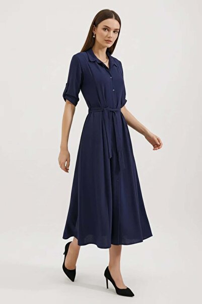 Generic Brand Women's Belted Navy Blue Shirt Dress