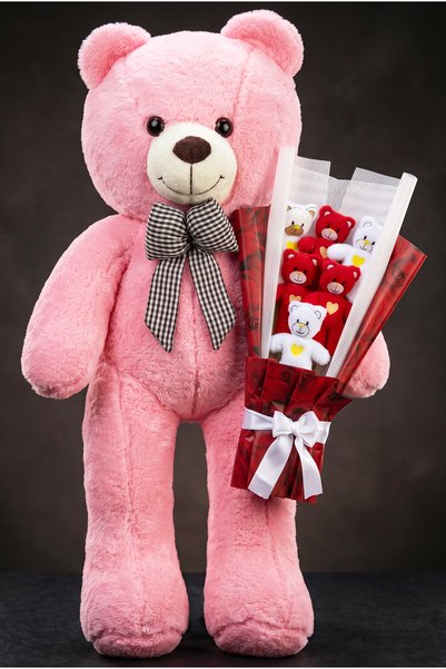lenostra 90cm Pink Giant Teddy Bear and Plush Bouquet with Heart Teddy Bear - Birthday Gift for Lover
