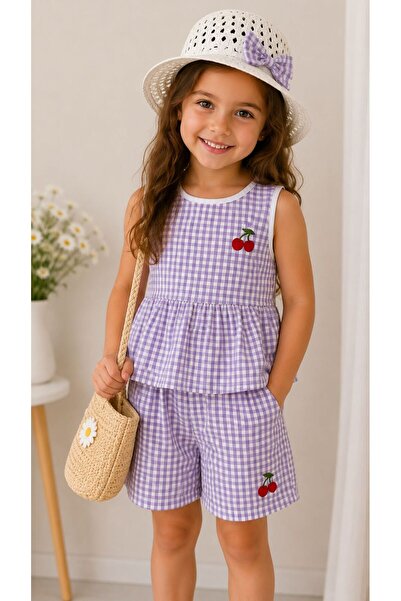 Kuzucuk Kids Bebek Çocuk Butik Kız Çocuk Kiraz Nakışlı Pötikare Şortlu Takım ...